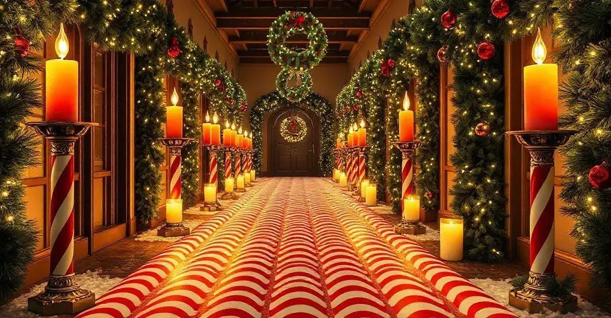 Candy Cane Pathway Lined with Oversized Flickering Candle Posts