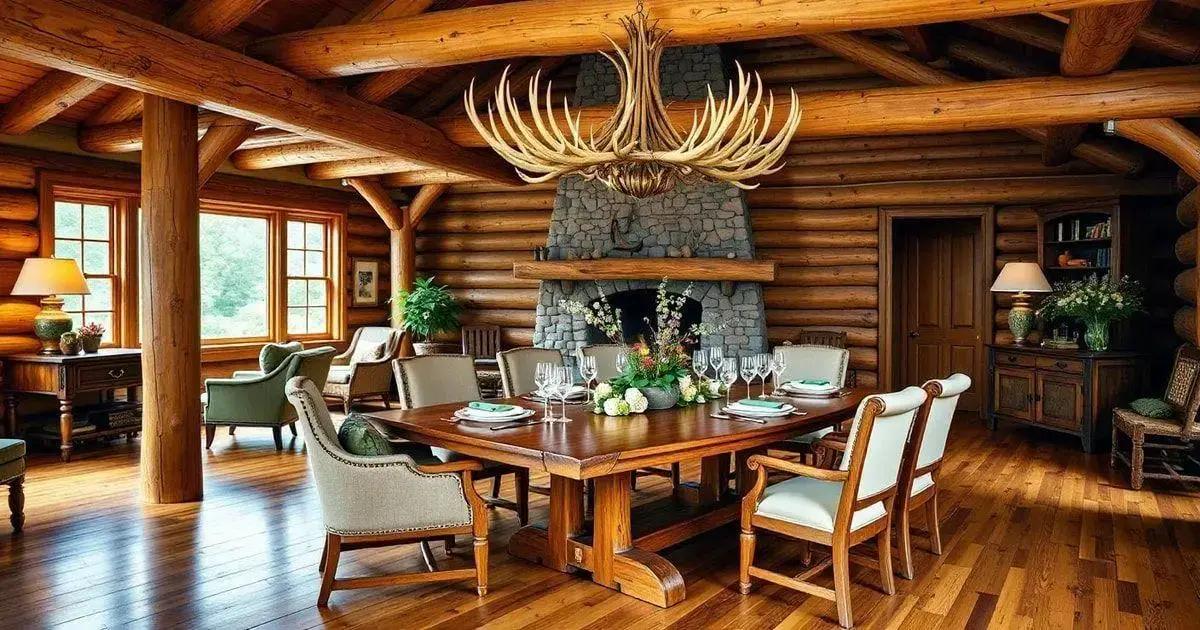 Log Cabin Dining Area with Antler Chandelier