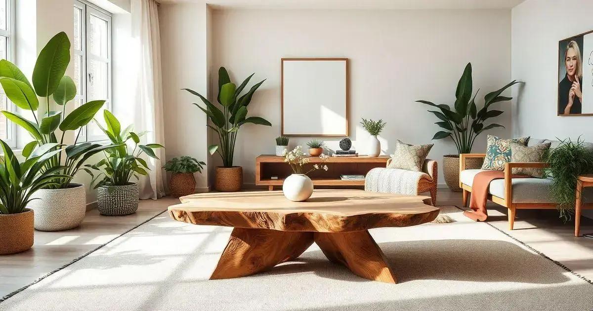 Low-profile wooden coffee tables with natural live edges