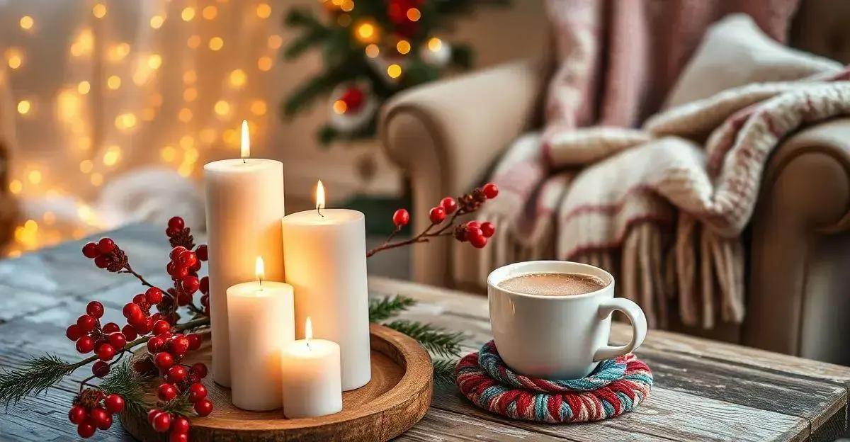 White Candles Surrounded by Red Berries